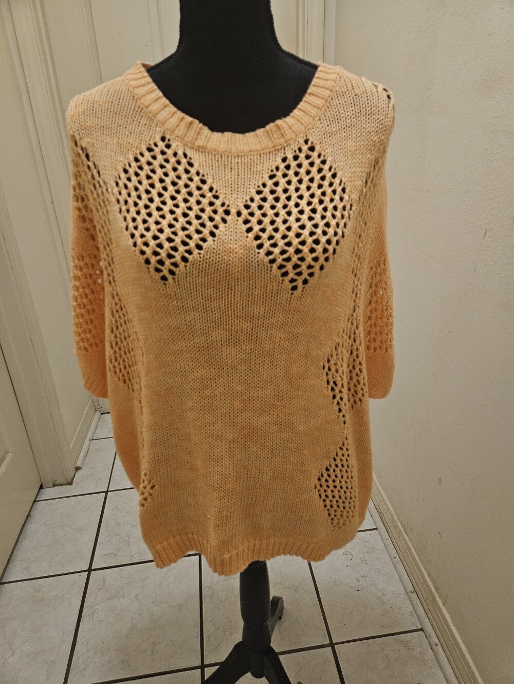 Light Peach Open-Knit Short Sleeve Crewneck Sweater